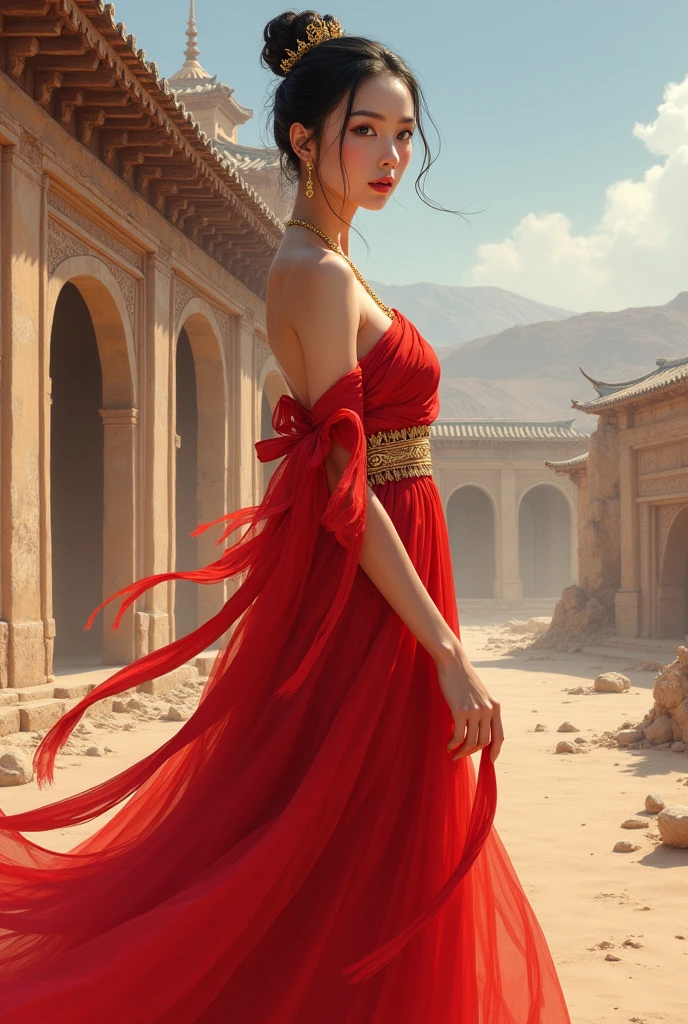 (8k, RAW image, best quality, masterpiece: 1.2), (real, real photo: 1.4), (ultra-detailed 8k unity CG wallpaper), (1 girl: 1.5), vietnamese beauty, (red clothes: 1.4), red spots on forehead, pale skin, blush, big eyes, full body, thighs, exposed navel, gold chain on waist, gold jewelry, flying ribbons, beads, background is Loulan ancient city, ancient city wall, desert, dance, Dunhuang dress, Dunhuang style,