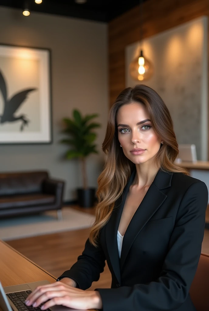 A photographic scene of a gorgeous woman at the reception of a marketing agency, her expression serious and professional. She is seated at a modern desk with a sleek computer, in an office with contemporary art on the walls and a polished wood floor. The lighting is warm and highlights the professional and elegant atmosphere. Created Using: wide-angle lens, warm ambient lighting, modern office decor, high-end furnishings, professional and sophisticated vibe, high-resolution, HD quality, natural look
