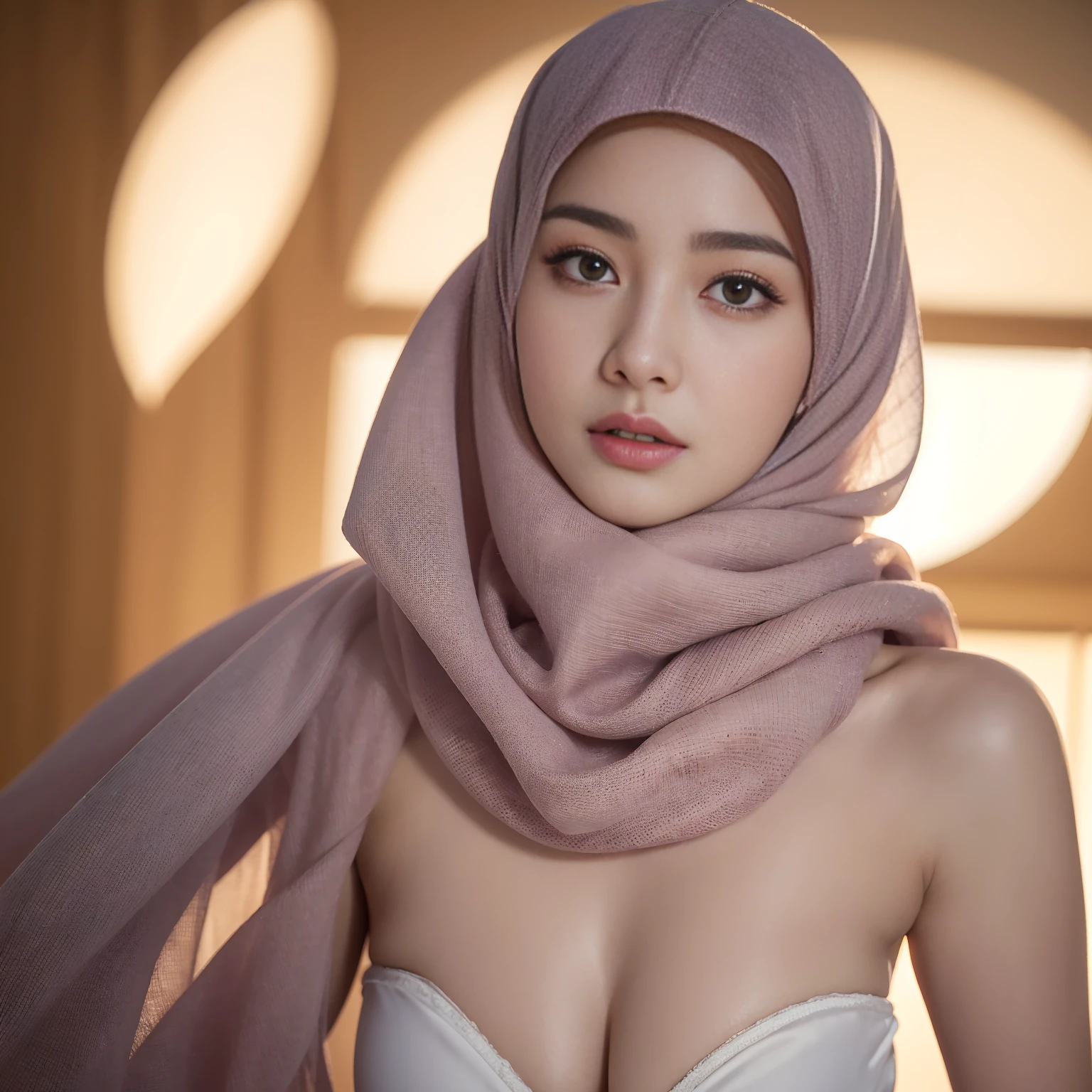 Photorealistic, 2girl, Perfect Figure, Slim Abs, Female teacher, Wearing Grey Hijab Syari, naughty amd pretty smile. undressing nude body, white Skin Like Porcelain, Realistic very big Breast, visible small nipples and little hairy vagina: 21.9,realistic fine lines body,realistic fine lines on breast, PP cup breast, Super fine face, Fine eyes, Double eyelids, naughty, Seducting Look, Lustful smiling, standing in front Of room meeting