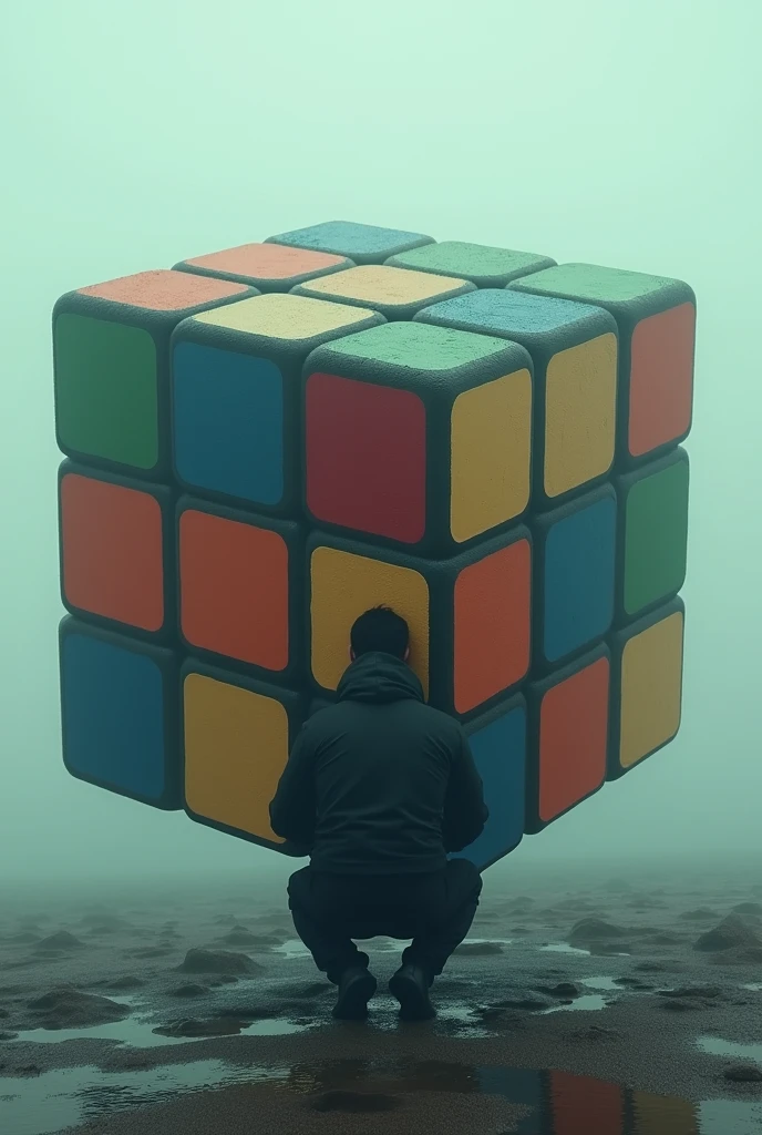 Man hiding behind a  bigger Rubik's cube 2 times than him.Creative. Imaginary. YouTube banner size. 