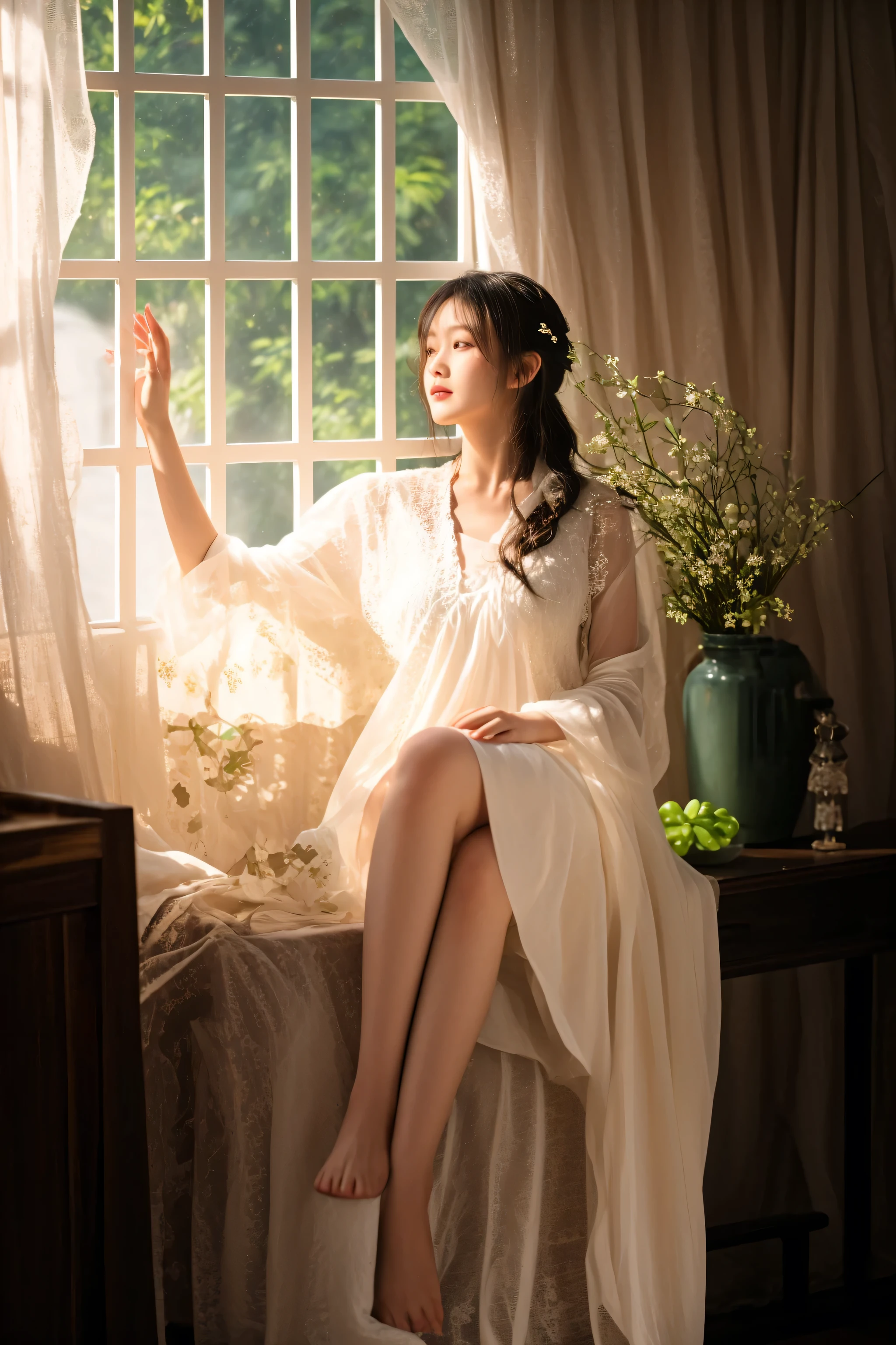 there is a woman sitting on a bed in a white dress, wearing a nightgown, summer morning light, portrait shot, nightgown, soft morning light, soft ethereal lighting, morning lighting, white hanfu, summer morning, soft morning lighting, morning light, ethereal lighting - h 0, dreamy light, photo taken with nikon d 7 5 0