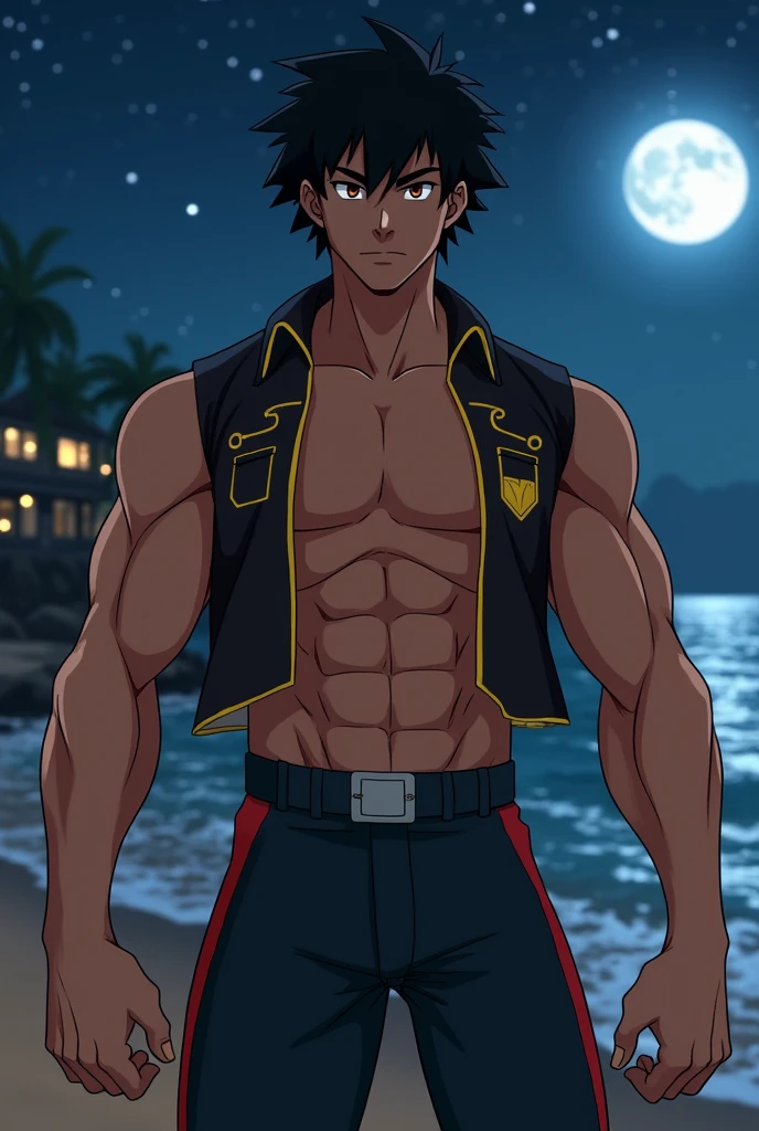 ((Ash Ketchum, Teen)) boy, very attractive boy, 20 years. tan skin, jet black hair, brown eyes, young man, solo, jacked muscle, beautiful musculature, aesthetic striations, inspirational physique, lean muscle, square pecs, beautiful v-taper, great abs and torso, standing front, (young face) ready to fight, top rated pixiv, chiseled abs, chiseled pecs, with his jet black military haircut and voluminous neck, narrow waist, superhero, white sclera, brown eyes, handsome face, young. Beach background, night, stars, night lights, moon, moonlight, skill image, looking to the viewer.