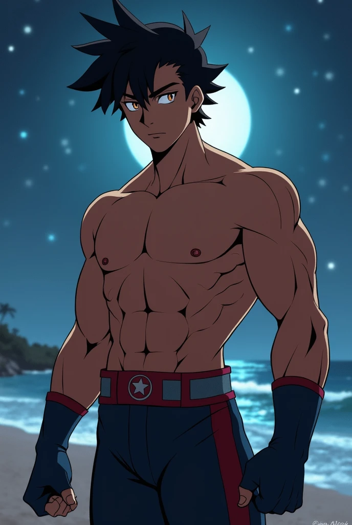 ((Ash Ketchum, )) boy, very attractive boy, 20 years. tan skin, jet black hair, brown eyes, young man, solo, jacked muscle, beautiful musculature, aesthetic striations, inspirational physique, lean muscle, square pecs, beautiful v-taper, great abs and torso, standing front, (young face) ready to fight, top rated pixiv, chiseled abs, chiseled pecs, with his jet black military haircut and voluminous neck, narrow waist, superhero, white sclera, brown eyes, handsome face, young. Beach background, night, stars, night lights, moon, moonlight, skill image, looking to the viewer.