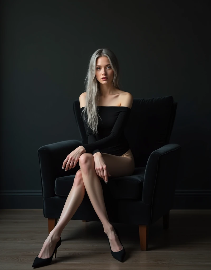 Girl sits elegantly on a modern soft chair, looks straight, Sits up straight, Against the background of a dark room, black off shoulder top, light gray long hair, good lighting, realistically, photo