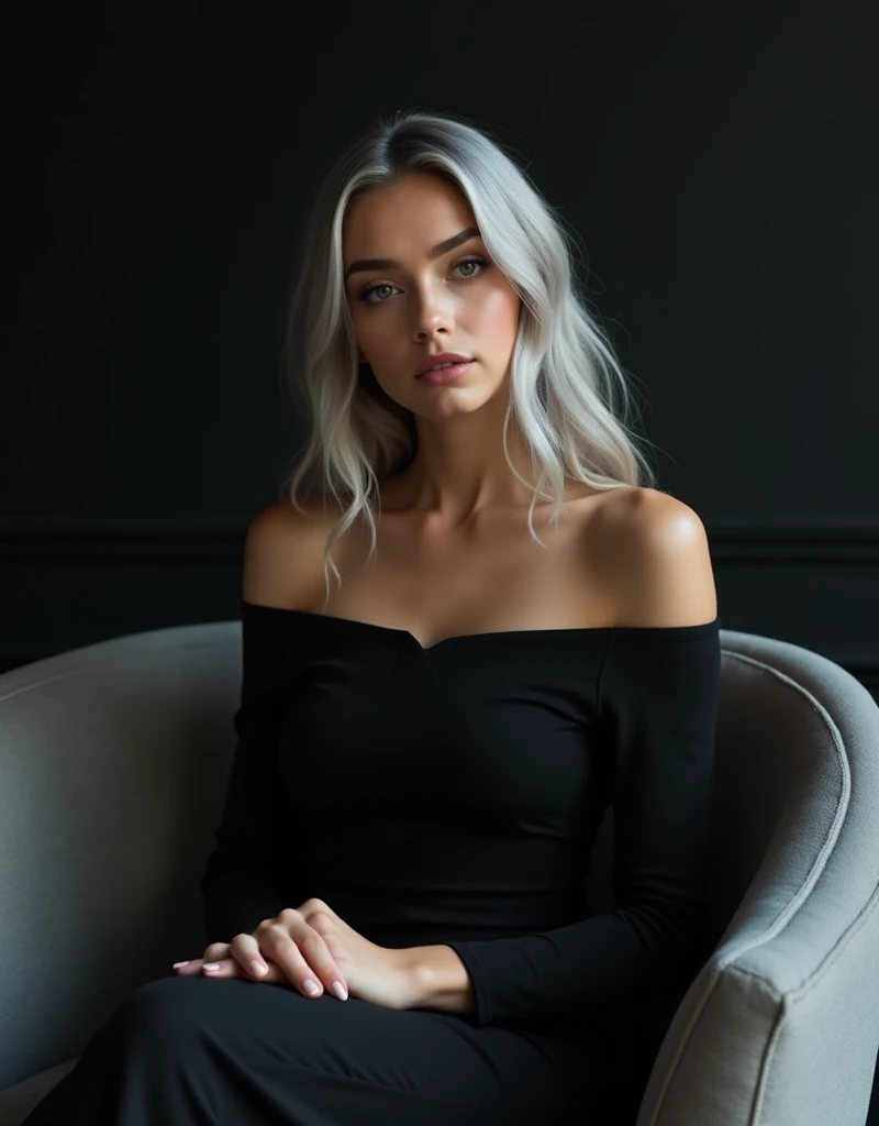 Girl sits elegantly on a modern soft chair, looks straight, Sits up straight, Against the background of a dark room, black off shoulder top, light gray long hair, good lighting, realistically, photo