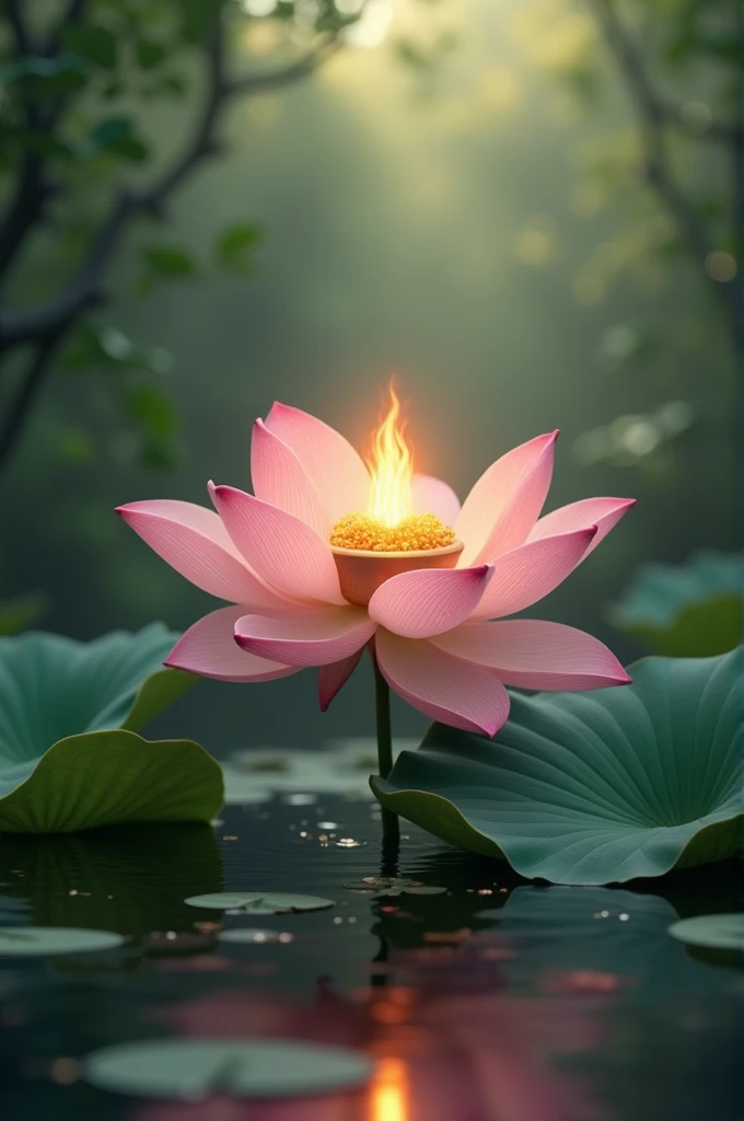 Lotus with beautiful background nature,in middle of the Lotus there
small oval shape fire like deppam devotional god
