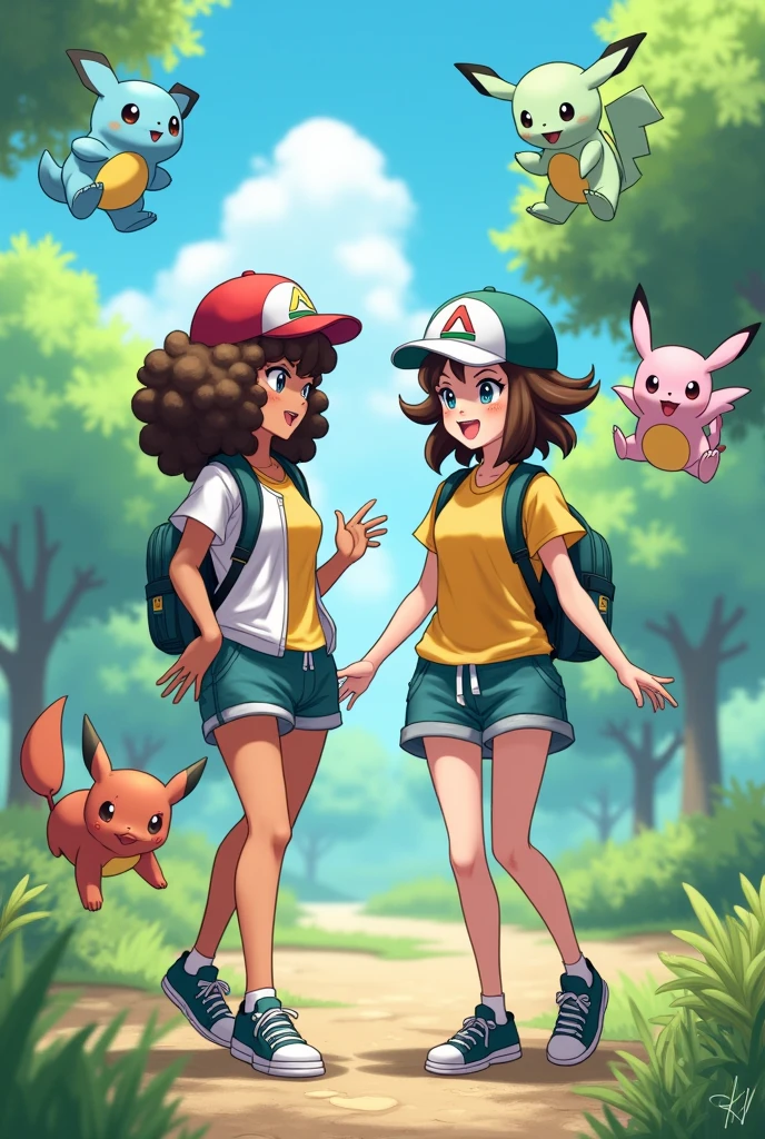 Two pokemon trainers, one with curly brown hair and light skin, and another brunette girl with straight hair., They both have matching Pokemon outfits and are the same height, plus all of this happens in a Pokemon-style landscape with Pokemons jumping around., They are two girls both with long hair