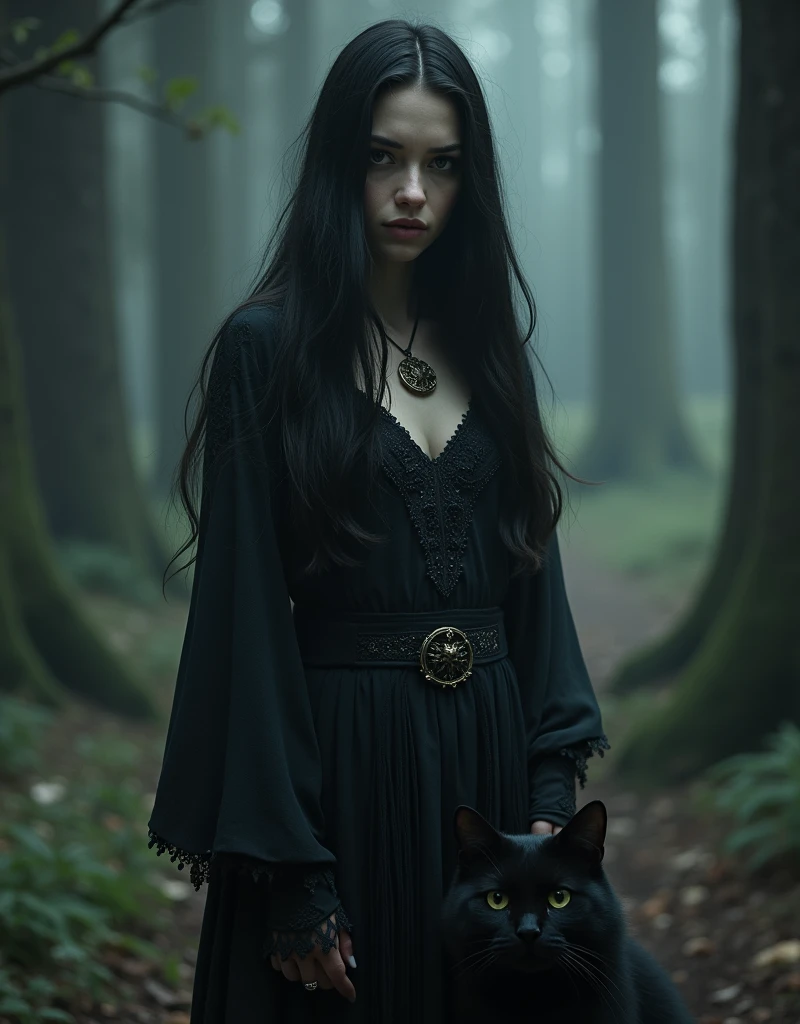 a Slavic woman, with a BLACK cat, long hair