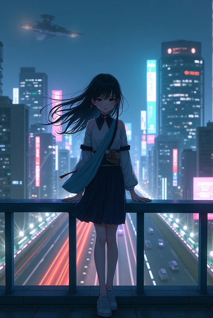 An anime girl in japan looking at the road on a bridge night cyberpunk city