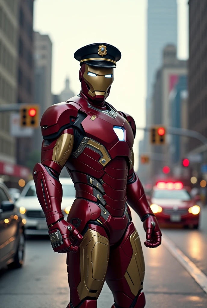 Ironman is standing at the red light square and giving stop instructions to the traffic in the traffic police dress and wear a traffic police cap (full image)