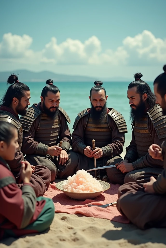 Highest quality、Ultra-high resolution、8k、RAW Photos、Japanese Samurai、group、((Enjoy dessert))、Expressionless、Beach、warrior、armor、knife、beard、cinematic lightening、Eat shaved ice、endure a severe headache