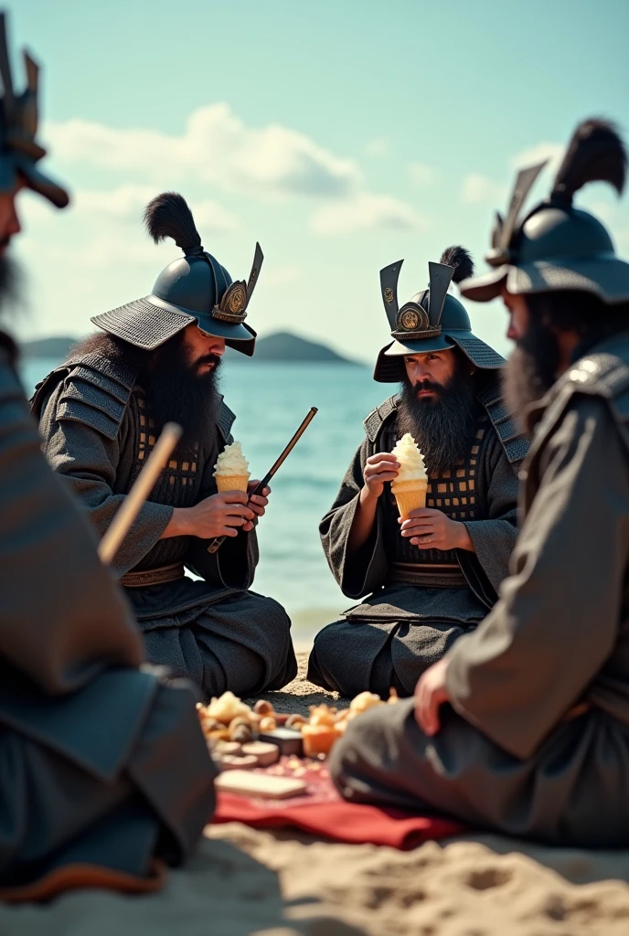 Highest quality、Ultra-high resolution、8k、RAW Photos、Japanese Samurai、group、((Enjoy dessert))、Expressionless、Beach、warrior、armor、knife、beard、cinematic lightening、Eat shaved ice、endure a severe headache