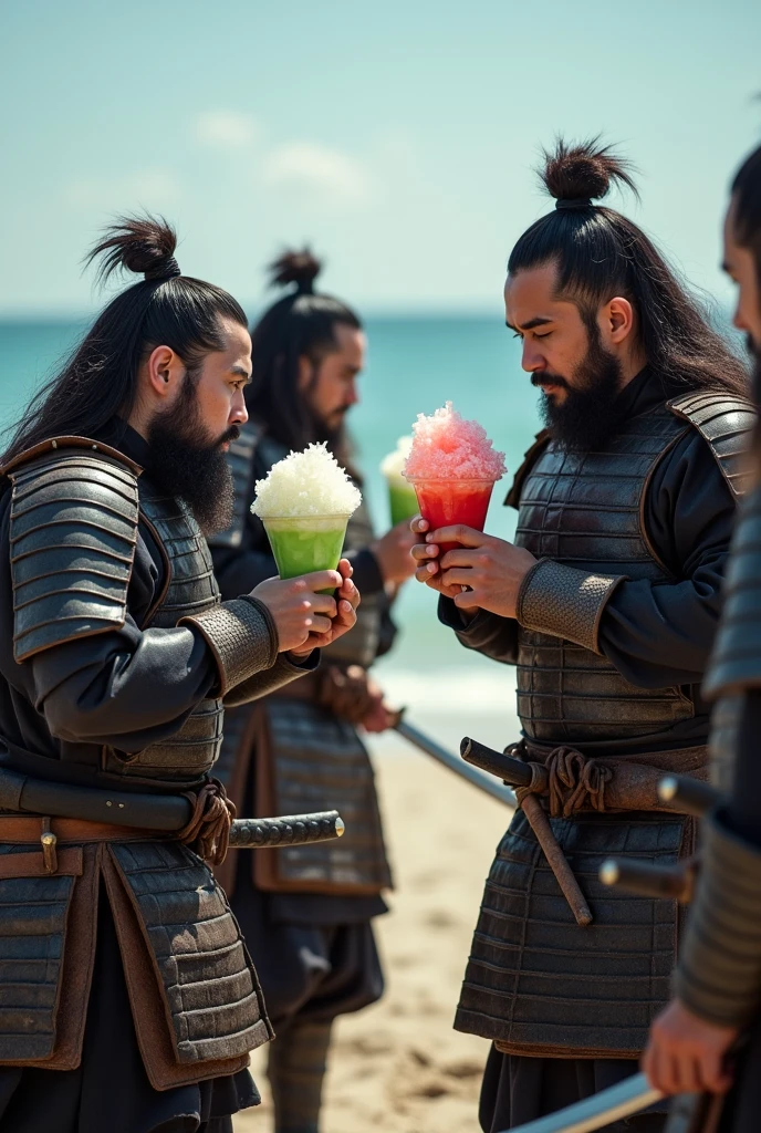 Highest quality、Ultra-high resolution、8k、RAW Photos、Japanese Samurai、group、((Enjoy dessert))、Expressionless、Beach、warrior、armor、knife、beard、cinematic lightening、Eat shaved ice、endure a severe headache