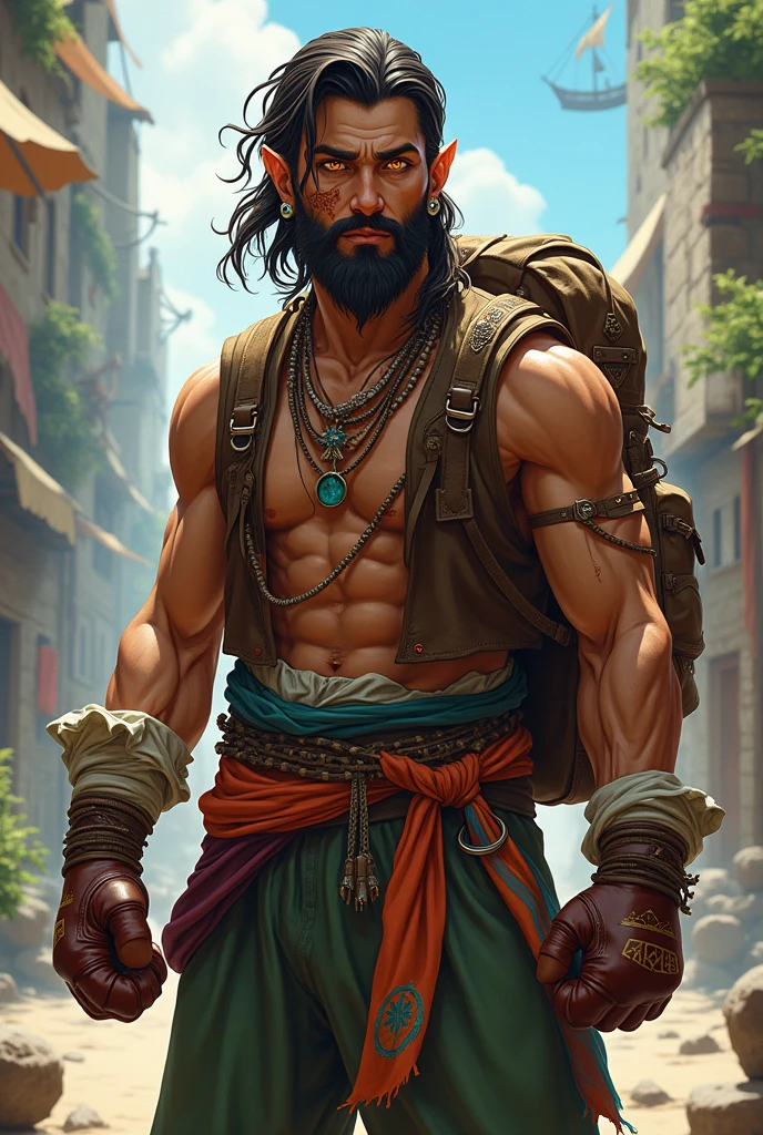 ---
Create a highly detailed and realistic fantasy character portrait of a **half-elf gypsy** male. He has sharp, angular features with slightly pointed ears, a defined jawline, and a muscular, athletic build. His skin is lightly tanned, and he has a thick, well-groomed beard and mustache. His hair is dark brown, wavy, and tied back loosely, with a few strands falling over his forehead.
The character's eyes are striking and golden, almost glowing, with a determined and intense gaze. He has a noticeable scar across his left cheek, adding to his rugged appearance. He wears a mix of jewelry, including earrings, a nose ring, and necklaces, all with a bohemian, tribal aesthetic.
He is dressed in a sleeveless, brown leather vest, exposing his muscular arms adorned with a few tattoos. He wears greenish trousers, rolled up at the bottom, and a colorful sash around his waist. His hands are wrapped in cloth, and he has large, rugged boots. A long cloak with intricate patterns is draped over one shoulder, giving him a nomadic, adventurous vibe.
The character is equipped with a large backpack, suggesting he is a traveler, and he carries a pair of old-fashioned boxing gloves, indicating his combat skills. Behind him, a pirate-style ship is faintly visible, alluding to his seafaring background.
The setting is dynamic and full of life, with a mix of urban and natural elements, capturing the essence of a world where magic and adventure are ever-present.
---