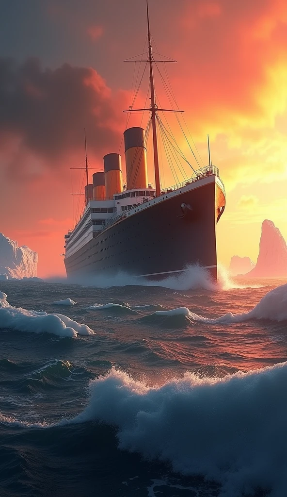 Create an image featuring the phrase "The Titanic: A Voyage to Remember" prominently displayed. The background should depict the majestic Titanic sailing through icy waters, with a dramatic sunset illuminating the scene. Include elements like icebergs in the distance and a sense of grandeur, capturing the essence of the ship's ill-fated maiden voyage.