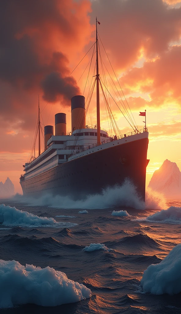 Create an image featuring the phrase "The Titanic: A Voyage to Remember" prominently displayed. The background should depict the majestic Titanic sailing through icy waters, with a dramatic sunset illuminating the scene. Include elements like icebergs in the distance and a sense of grandeur, capturing the essence of the ship's ill-fated maiden voyage.