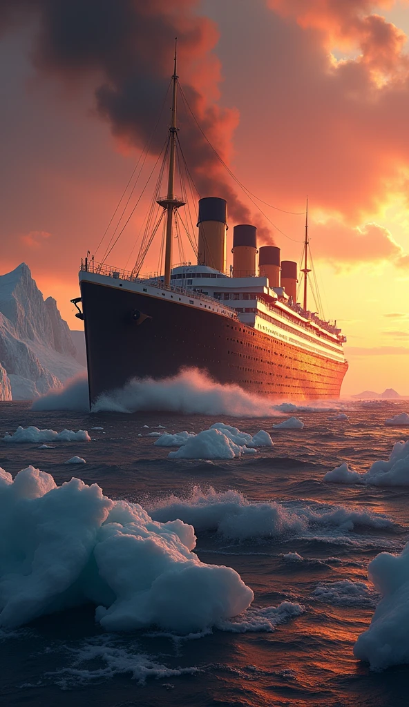 Create an image featuring the phrase "The Titanic: A Voyage to Remember" prominently displayed. The background should depict the majestic Titanic sailing through icy waters, with a dramatic sunset illuminating the scene. Include elements like icebergs in the distance and a sense of grandeur, capturing the essence of the ship's ill-fated maiden voyage.