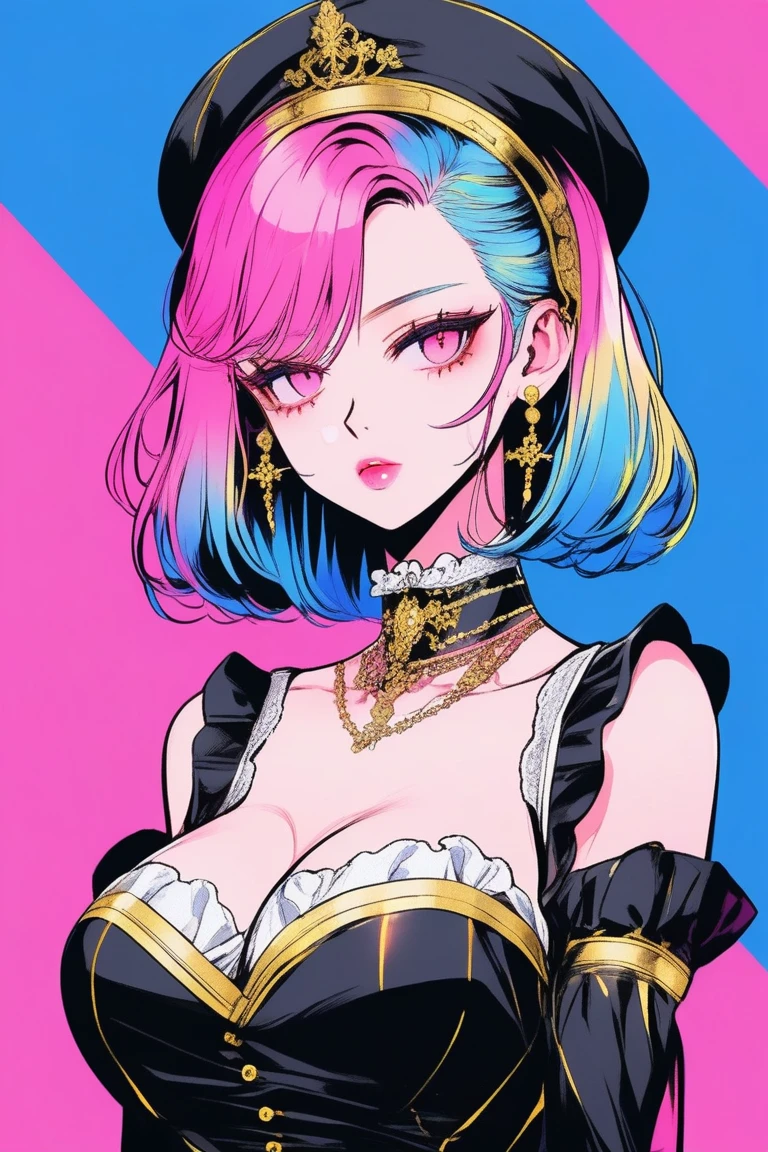 Illustrator, anime , Realistic ,sketch , 1 person, model, Age 25, lip, Sexy and revealing black and gold sheer maid outfit), order, Blue and pink gradient background, Neon Hair, Big Breasts, Her cleavage is visible, look back, Upper body close-up, Sexy look, Texture Trim, Russia, (masterpiece,Highest quality)