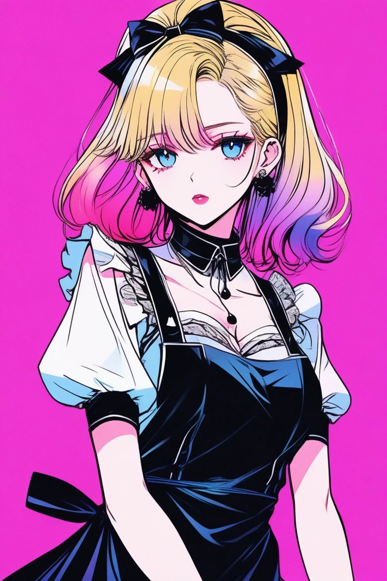 Illustrator, anime , Realistic ,sketch , 1 person, model, Age 25, lip, Sexy and revealing black and gold sheer maid outfit), order, Blue and pink gradient background, Neon Hair, Big Breasts, Her cleavage is visible, look back, Upper body close-up, Sexy look, Texture Trim, Russia, (masterpiece,Highest quality)