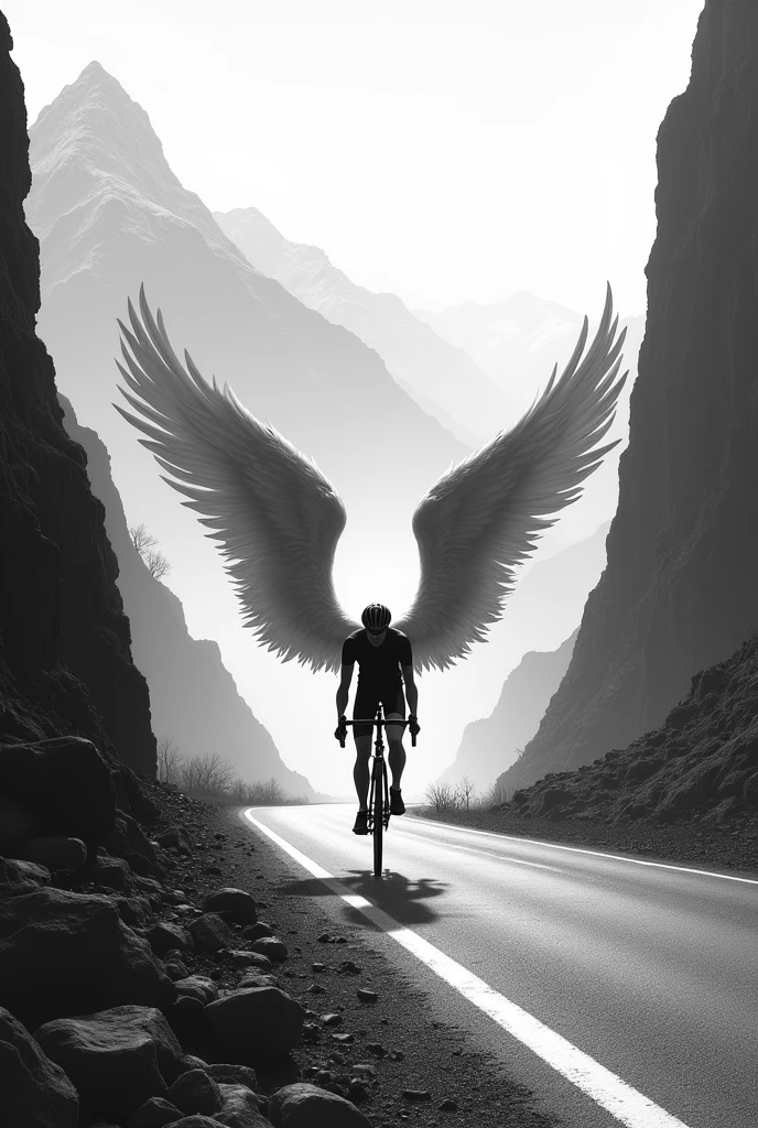 drawing a cyclist going down the mountains with angel wings in black and white 