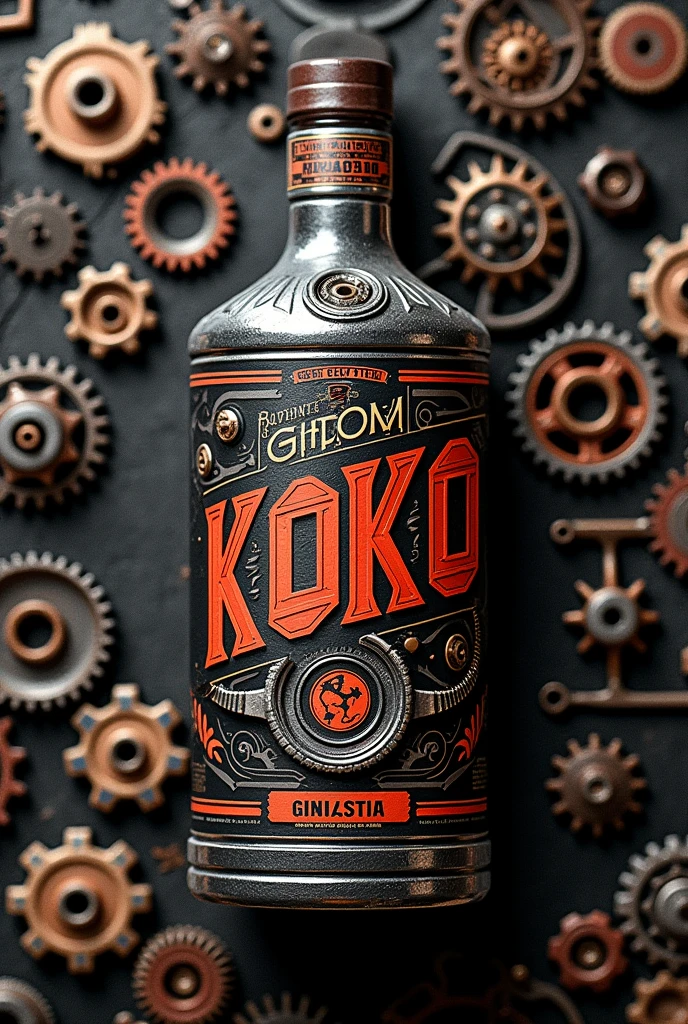 Label, should be manly, use gears and tools and my name, Koko as a centrepiece