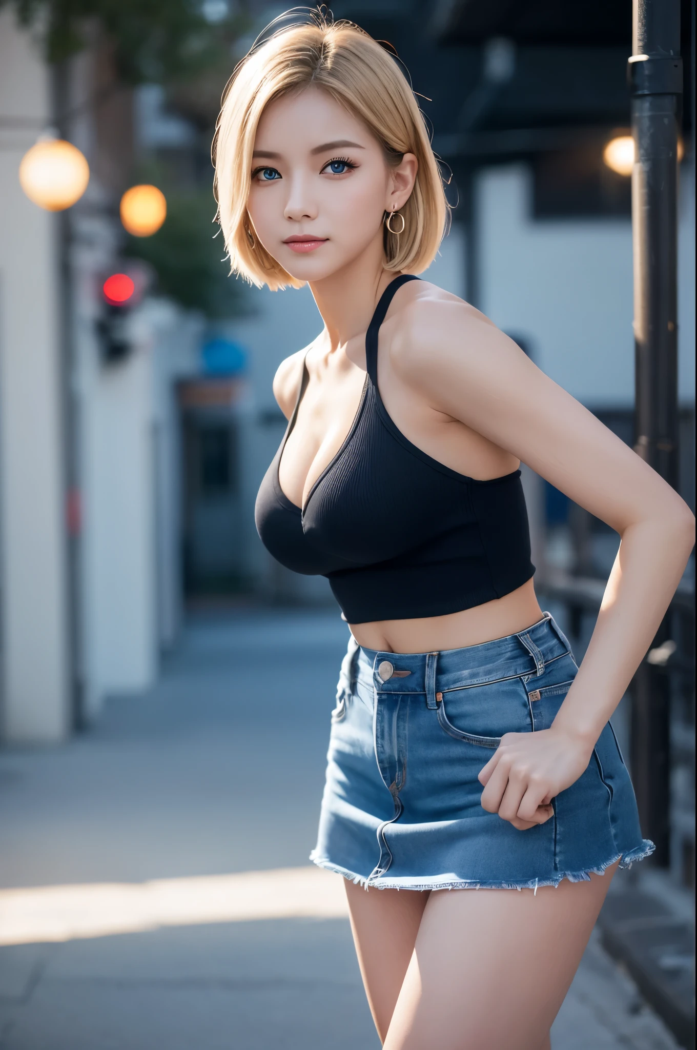 8k,Highest quality, High resolution, AND18, One Girl, Android 18, alone, Blonde, blue eyes, short hair, Earrings, jewelry, Denim dress, Open Vest, Black Pantyhose, Black Shirt, Jeans Skirt, Blue Skirt, Medium chest, street, (External dilated chest: 1.2)　Energy is released from the body　(Blue white light effect),Highest qualityのフォトリアリスティックRAW写真。Backlight、Cinema Lighting、Film Grain、50mm lens、Nikon D850、Realistic Skin、Fantasy art、Character Art、超High resolution、muscular and slim body、超Realistic Skin、Super Muscular Beauty,smile,Dynamic karate pose with clenched fists,Showing cleavage,Upper body close-up,