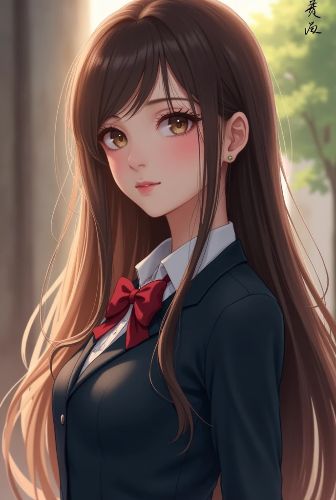 Beautiful Asian school girl with long brown hair wearing uniform
