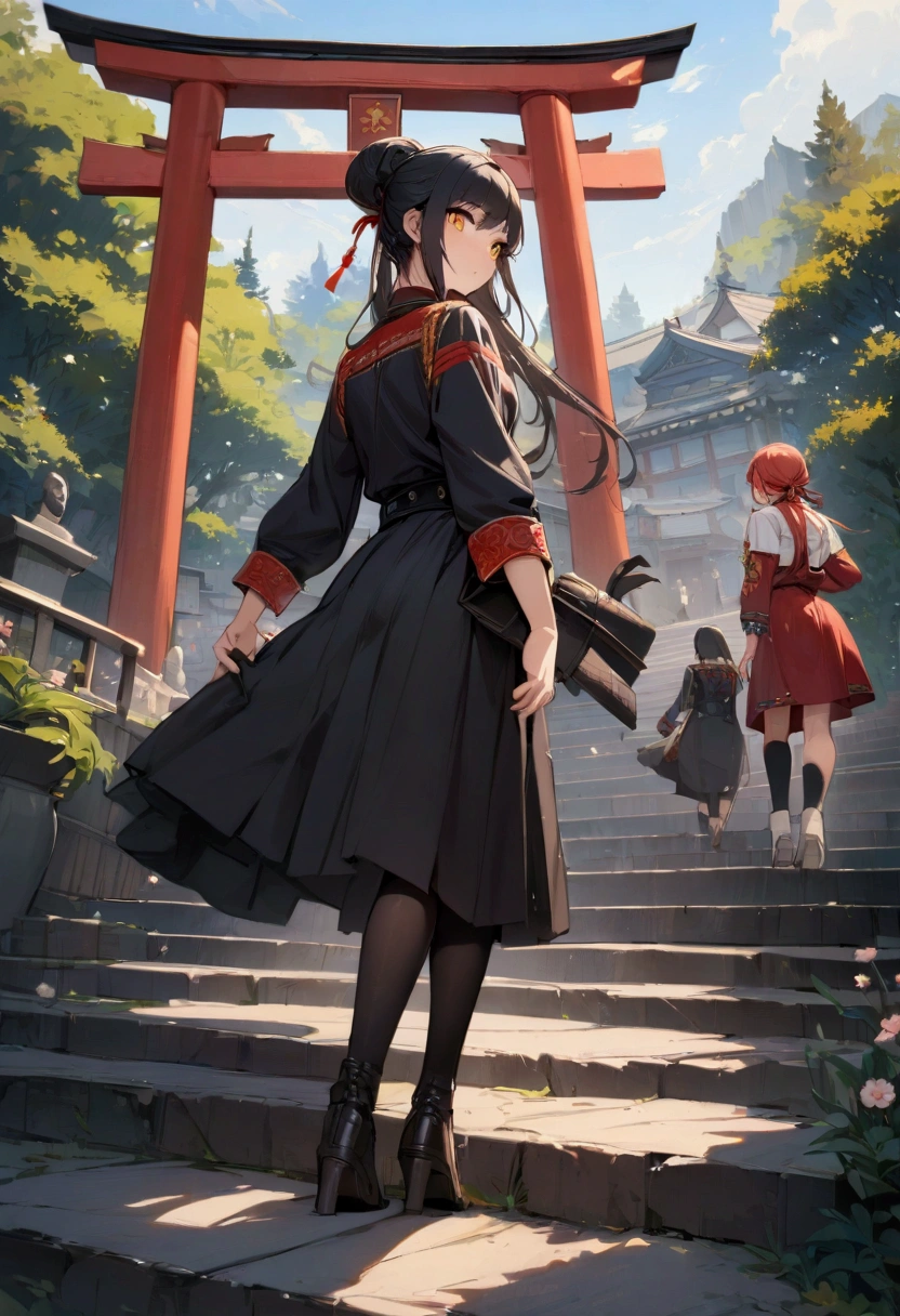 ((masterpiece,best quality)),2 girls, black uniform, Black Legwear, black belt, Black Hair, 樱flower, sky, flower, Hair Bun, hair Ribbon, Soviet clothes, uniform, Long hair, Looking at the audience, look back , Multiple girls, belt, outdoor, Red Eyes, Red hair, Ribbon, leather shoes, Monogram, stairs, permanent, statue, Whale bone torii, Tree, white boots, Yellow eyes