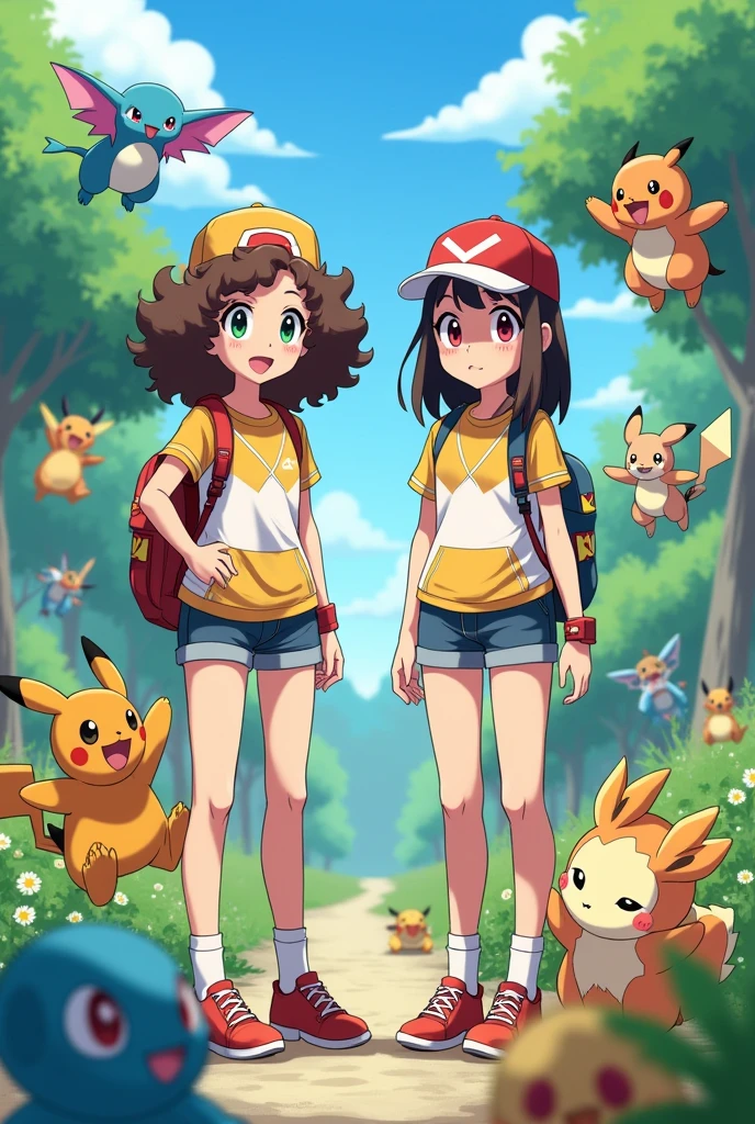 Two pokemon trainers, one with curly brown hair and light skin, and another brunette girl with straight hair., They both have matching Pokemon outfits and are the same height, plus all of this happens in a Pokemon-style landscape with Pokemons jumping around., They are two girls both with long hair, The one with curly hair is light-skinned 