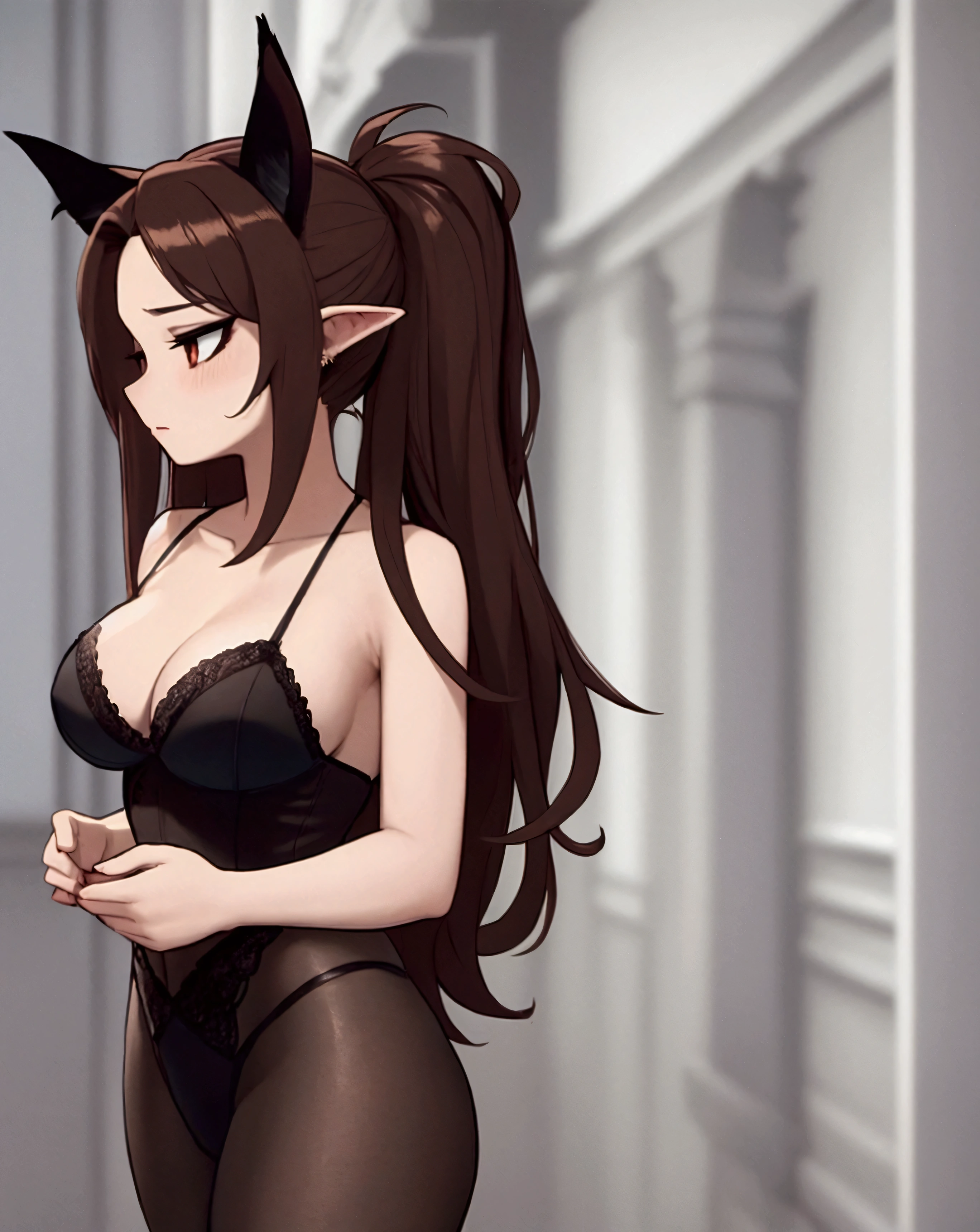 Beautiful, brown hair, large bat ears. Black lingerie