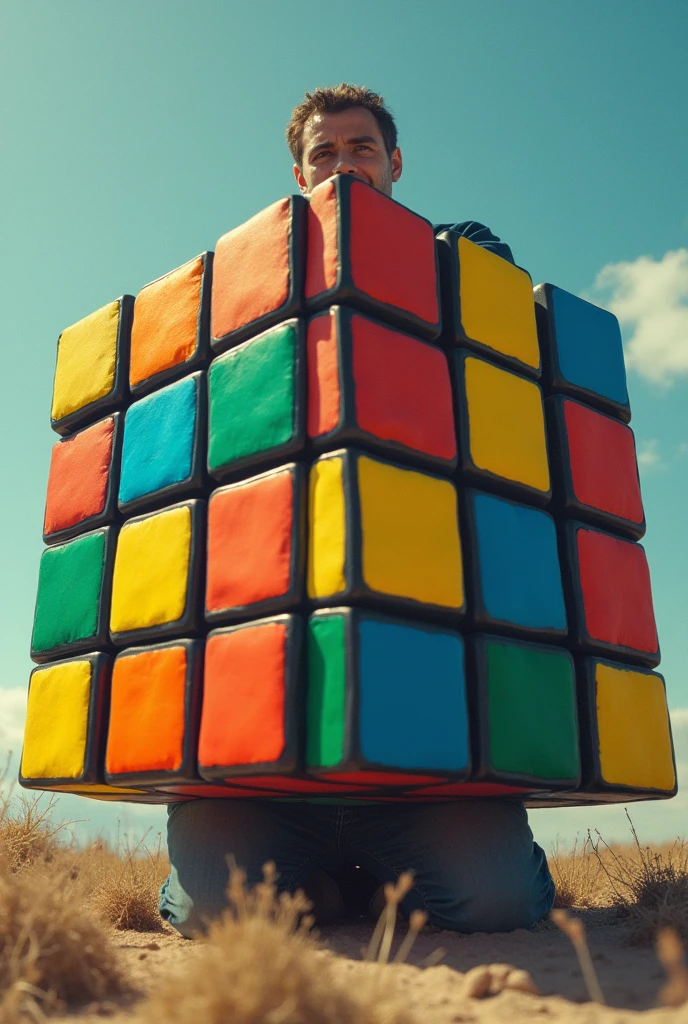 Man hiding behind a bigger Rubik's cube 2 times than him.Creative. Imaginary. YouTube banner size. Should be hiding back ofbthe cube
