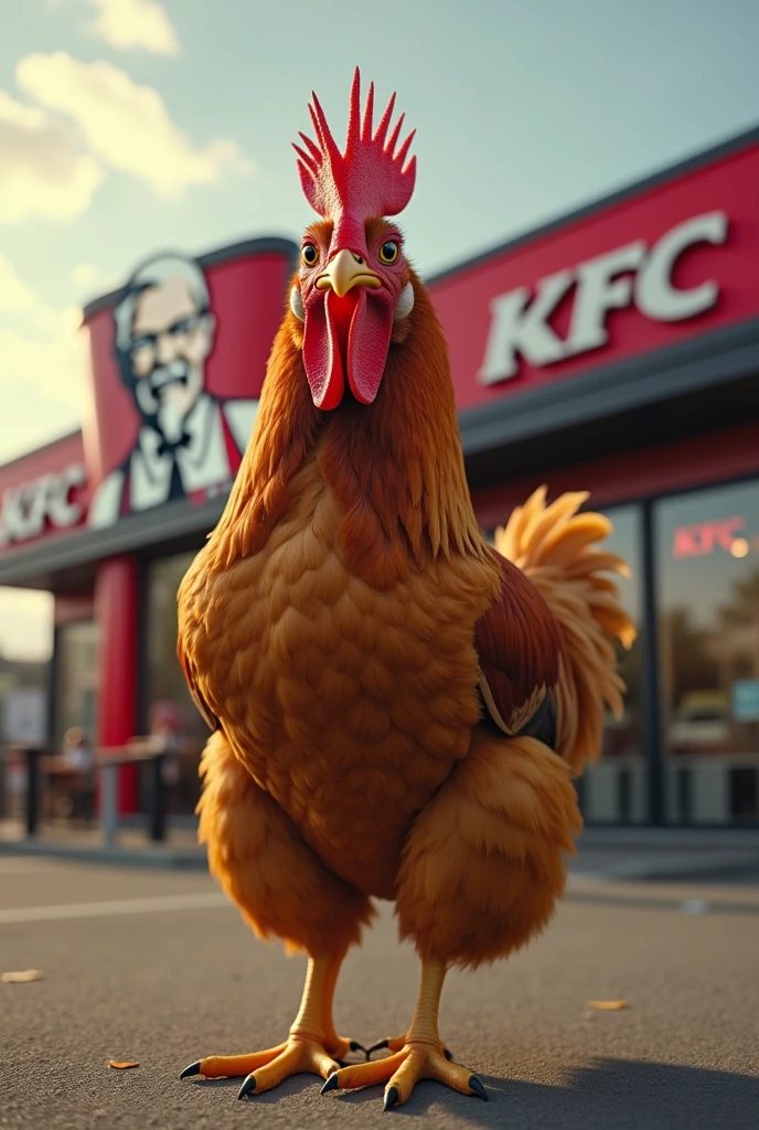 A chicken is front of kfc