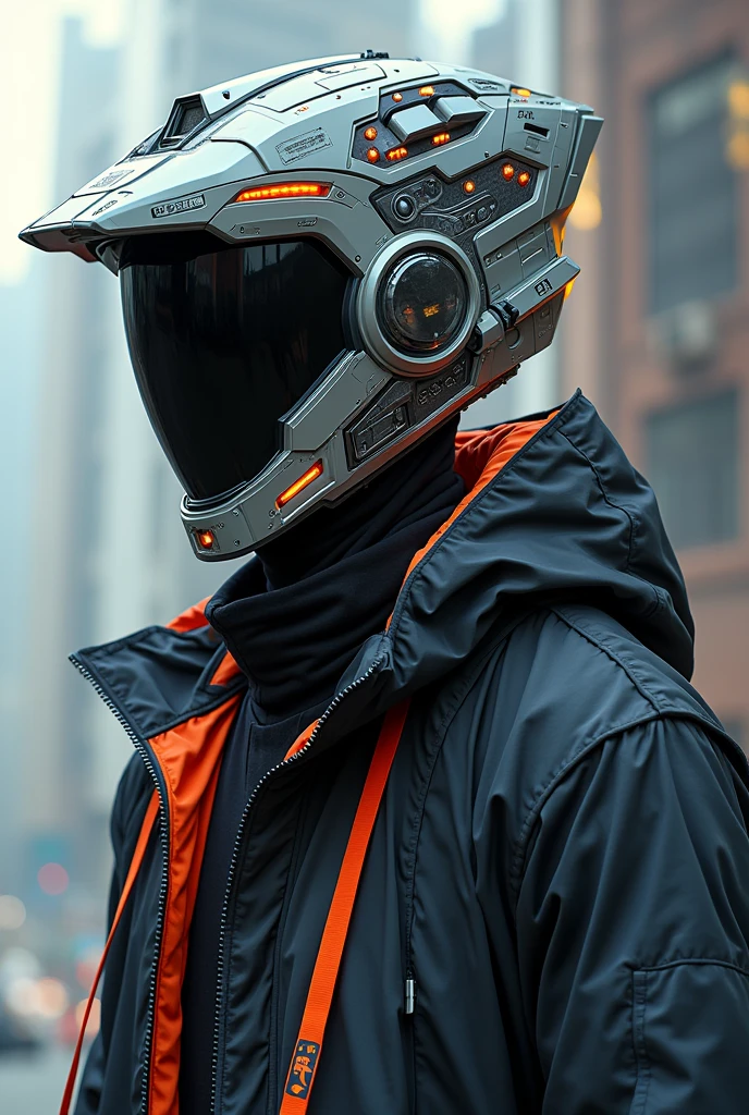 Cyberpunk fashion man、
He is wearing a helmet and his face is not visible.、solo, Multiview, Background blur, Japanese illustration style,