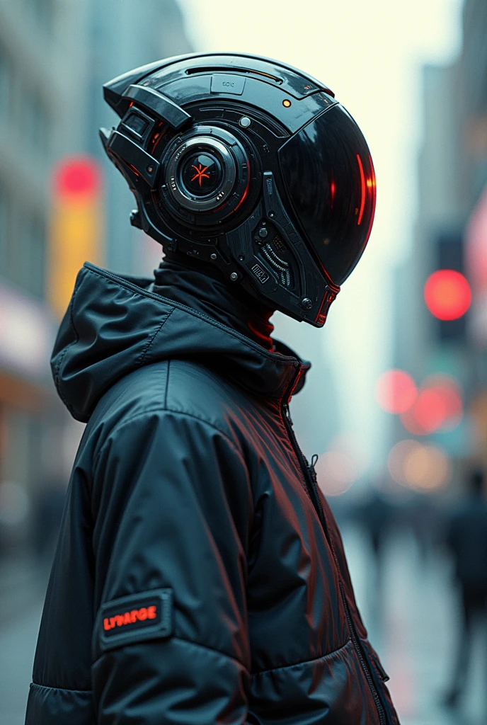 Cyberpunk fashion man、
He is wearing a helmet and his face is not visible.、solo, Multiview, Background blur, Japanese illustration style,