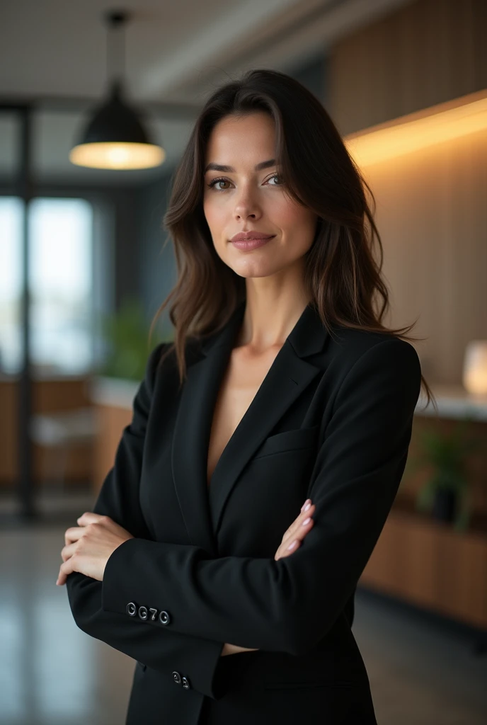 A photograph of a beautiful female marketing agency receptionist, exuding seriousness and professionalism. She is framed by a modern reception area with sleek, minimalist design elements. Her posture is upright and confident, with soft yet focused lighting that enhances the serious tone of the image. Created Using: DSLR camera, ambient office lighting, minimalist office decor, high contrast, professional setting, sharp focus, HD quality, natural look