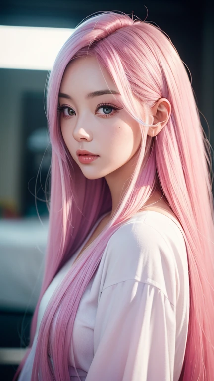 Attractive young woman with long pink-to-blue gradient hair, a Kodachrome ?? picture film, close up shot, hyperrealistic