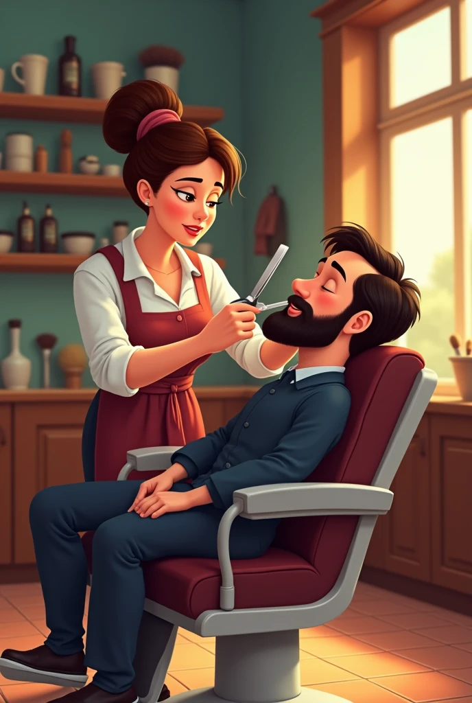 Woman shaving animated man&#39;s beard for barbershop logo 