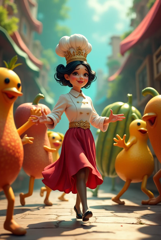 A funny movement of fruit vegetables and king women chef.