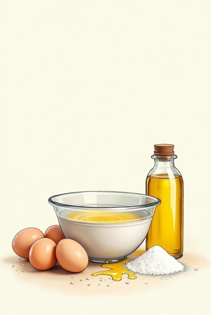 Putting sugar and oil with the eggs on a bowl for making cakes. (Drawing)