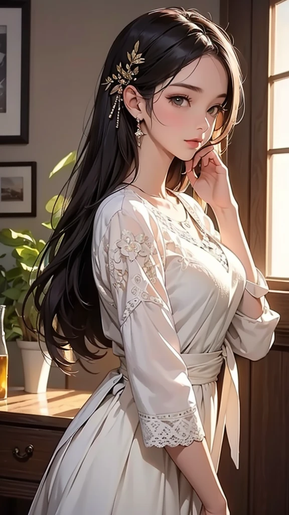 32 year old beautiful woman with attractive long black hair、Double eyelids、The background is the Palace of Versailles in France、Looking here、One white see-through yukata that sticks to bare skin、very large breast、wide open legs、The color and shape of the tip of the chest is visible 、You can see the color and shape of the areola、You can see through a lot of pubic hair、The entire chest shows through、