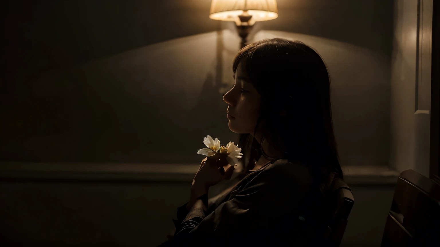 A beautiful girl sits on a chair, gently holding a flower in her hands. The atmosphere is dark and moody, with soft, dim lighting casting shadows around her. Her expression is thoughtful and reflective, as if she is lost in deep contemplation. The flower adds a delicate contrast to the dark setting, symbolizing both fragility and hope amidst the somber mood.