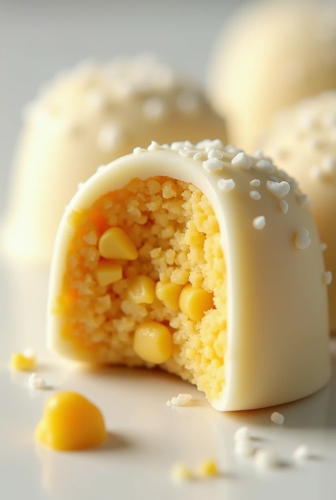 Corn brigadeiro with white chocolate coating in a mold.