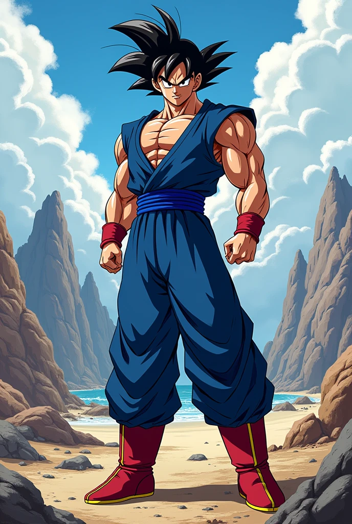 Fait un Saiyan ressemblant au hero beats de drzgon ball hero en.version adulte avec une tenue qui ressemble a celle de goku mais en bleu