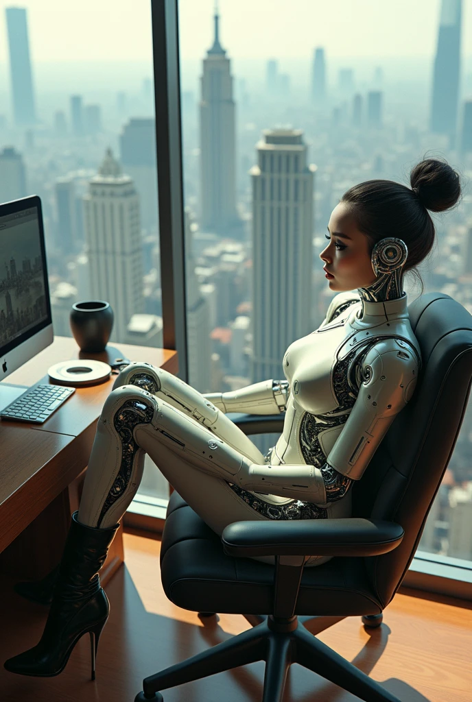 office in a skyscraper in a big city, female cyborg, beautiful detailed eyes, beautiful detailed lips, beautiful detailed face, extremely detailed eyes, extremely detailed face, long eyelashes, sits with her feet up in a luxurious chair, heavy mens boots, high quality, absurdity, masterpiece, beautiful, complex parts, 1/2 body trimmings, slender body, beautiful figure, magnificent anatomy