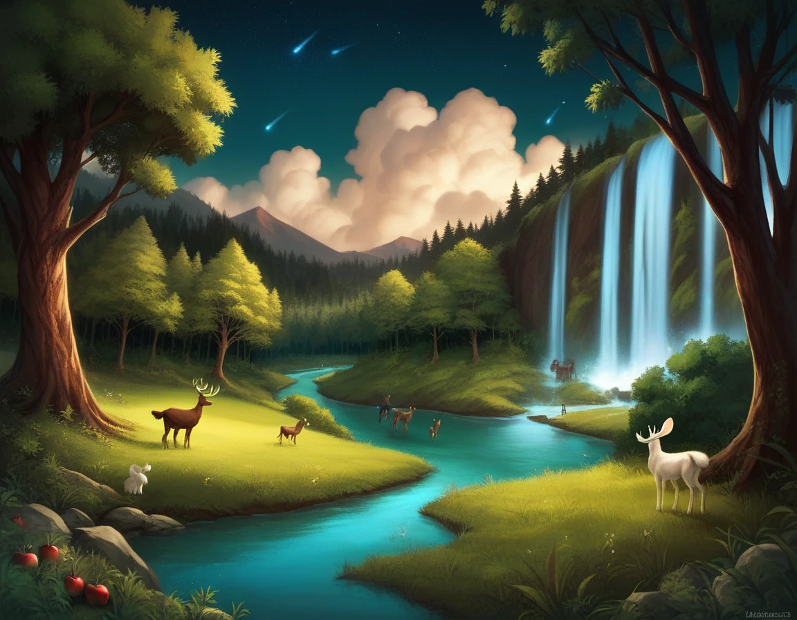masterpiece, best quality, high quality, cg, 8k, scenery, night, sky, clouds, no man ,lush forest, beautiful waterfall, rainbow, fantasy image, firefly, moonlight, aurora, tree, black snake on tree, apple herd, moose, albino deer, white rabbit,