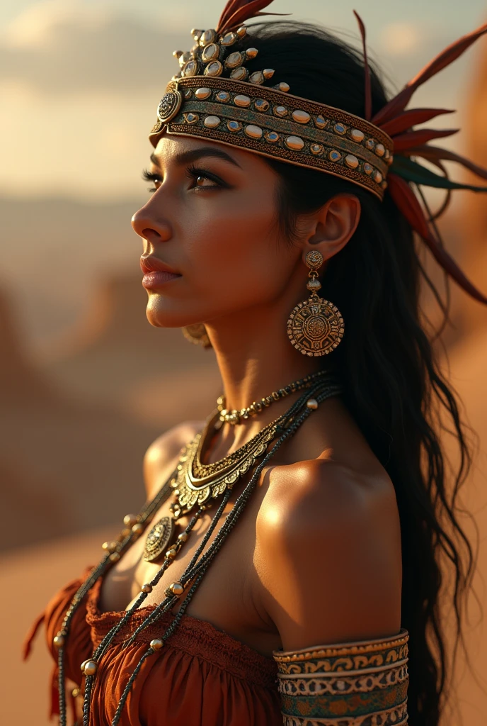 A captivating photo, (wide lens), of a gorgeous ancient Aztec woman in traditional native attire, elegantly posed, sensual and alluring, featuring intricate jewelry, detailed headdress, warm desert lighting, hyper-realistic textures, cinematic composition, a masterpiece by Sandro Botticelli and Gustav Klimt, high detail, 8k resolution, artstation trending, full body portrait