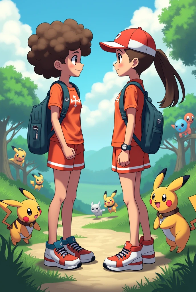 Two pokemon trainers, one with curly brown hair and light skin, and another brunette girl with straight hair., They both have matching Pokemon outfits and are the same height, plus all of this happens in a Pokemon-style landscape with Pokemons jumping around., They are two girls both with long hair, The one with curly hair is light-skinned, both have brown eyes