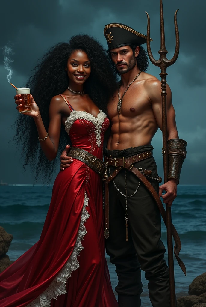 smiling black woman, tall and thin, super long curly hair, wearing a medieval dress in red with white details, in the left hand a cigarette, on the right a mug of beer. Next to a sailor with fair skin and sensual eyes, with defined abs, pirate hat and trident in hand. In the background a nocturnal sea