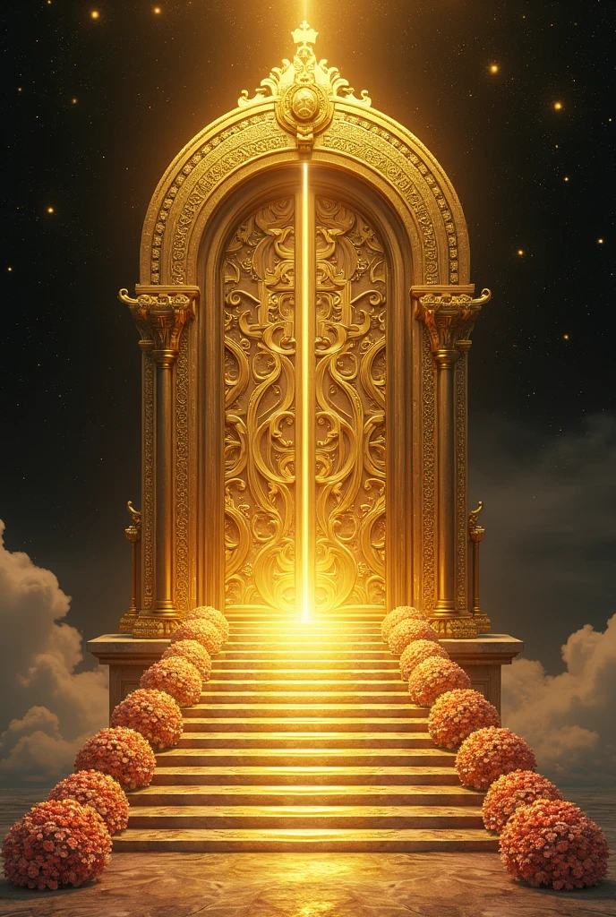 THE GOLD BRIGHT DIVINE GATE, 10 FLOWER STEPS TO DIVINE WORLDBLACK BACKGROUND