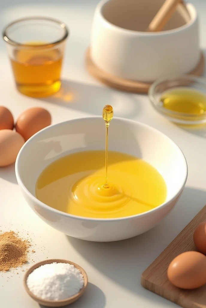Putting sugar and oil with the cracked eggs on a bowl for making cakes. (Drawing)
